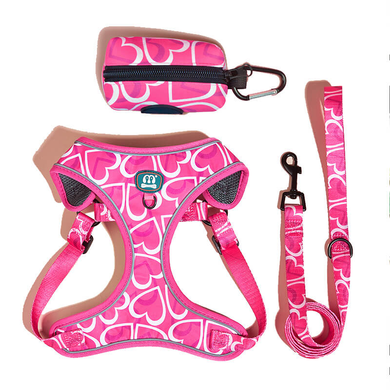 Heart Dog Harness With Poop Bag Holder and Leash 3 Pieces Set 
