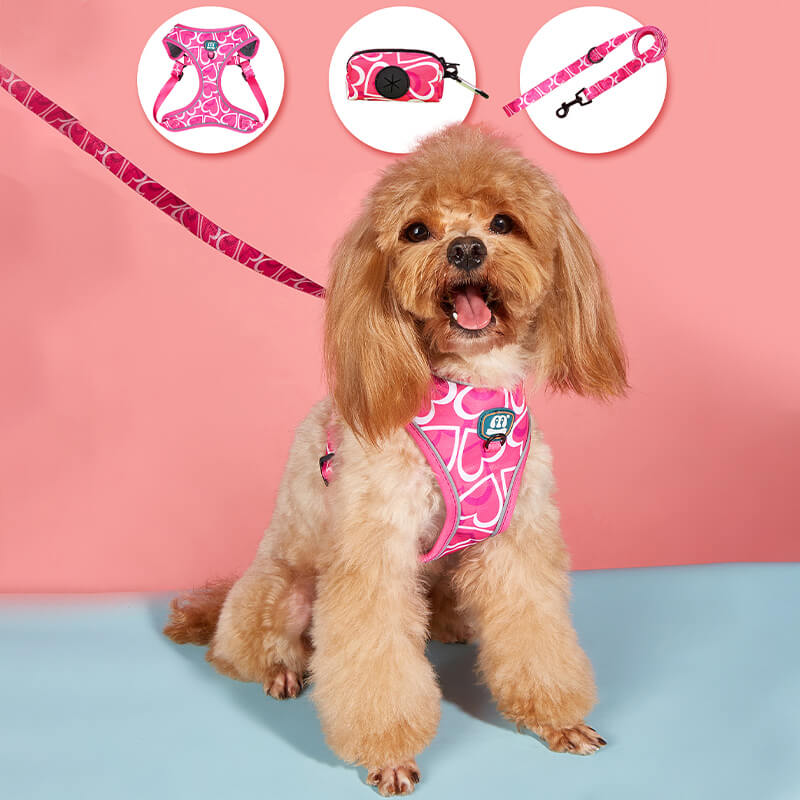 Heart Dog Harness With Poop Bag Holder and Leash 3 Pieces Set 