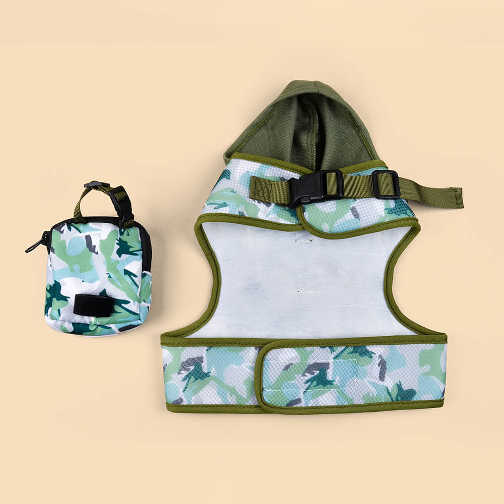 Hooded Dog Harness with Poop Bag Holder Green