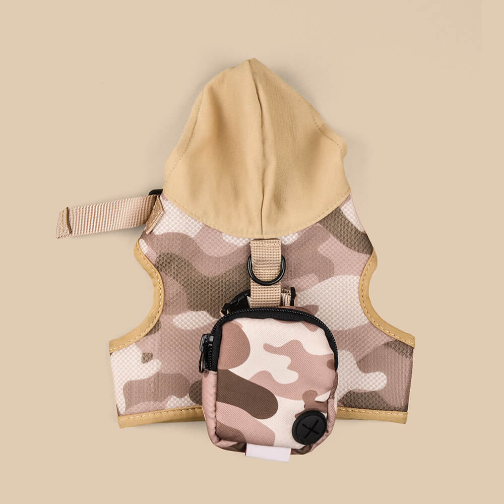 Dog Hooded Harness with Poop Bag Holder Coffee
