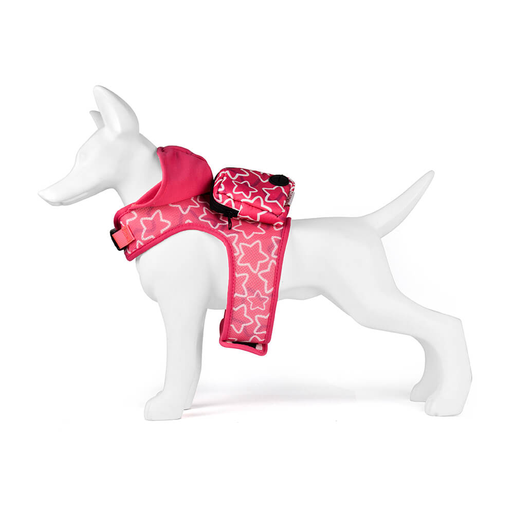 Dog Hooded Harness with Poop Bag Holder Pink