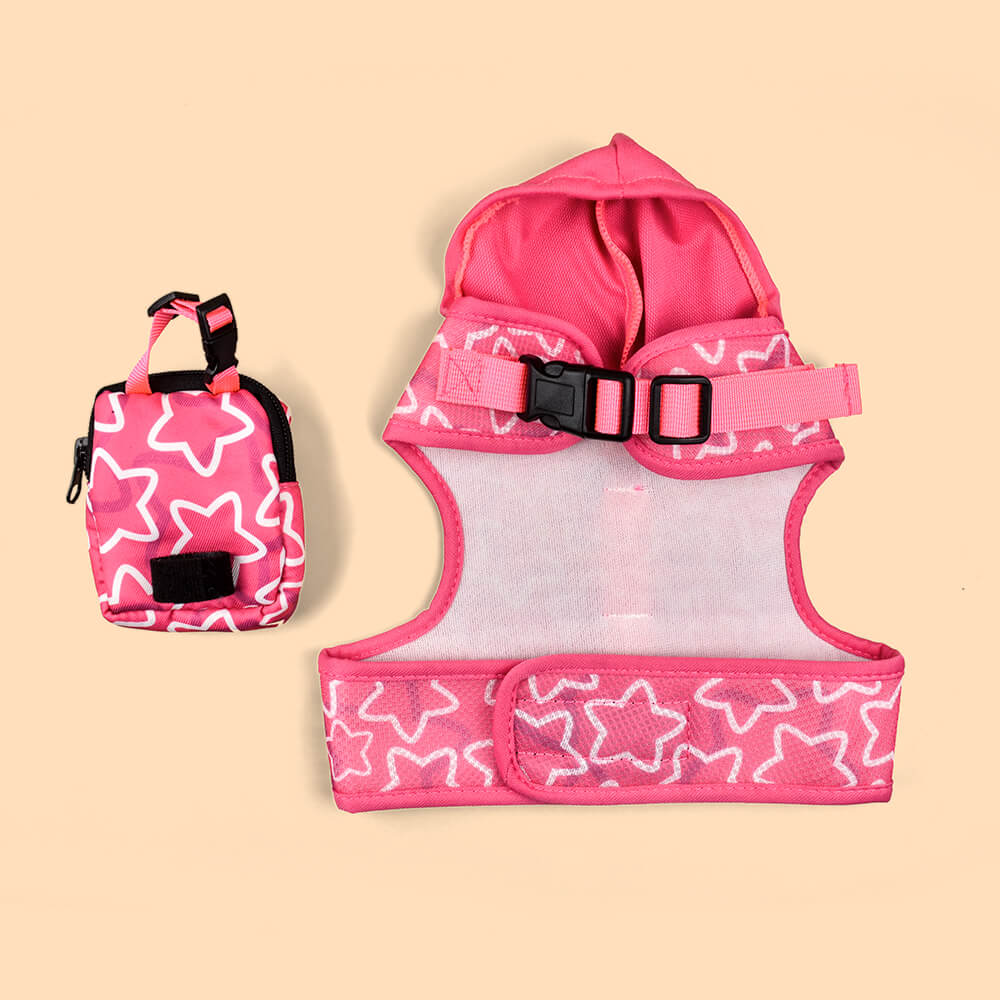 Dog Hooded Harness with Poop Bag Holder Pink