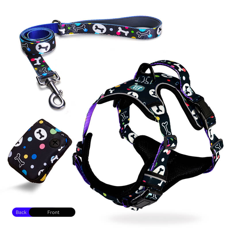 Bone pattern Hooded Dog Harness and Leash with Poop Bag Holder 3pcs