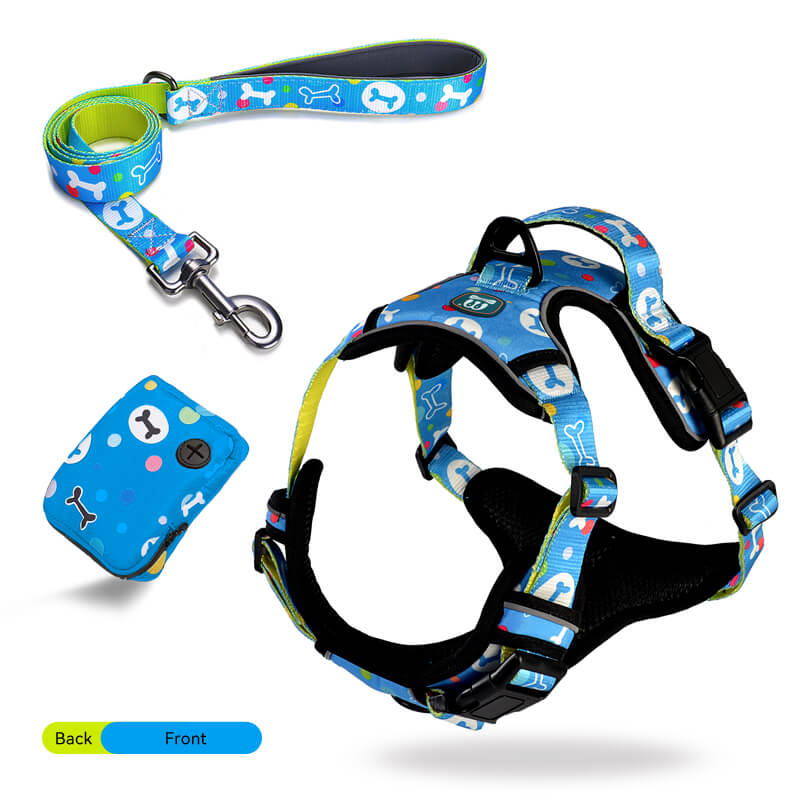 Bone pattern Hooded Dog Harness and Leash with Poop Bag Holder 3pcs