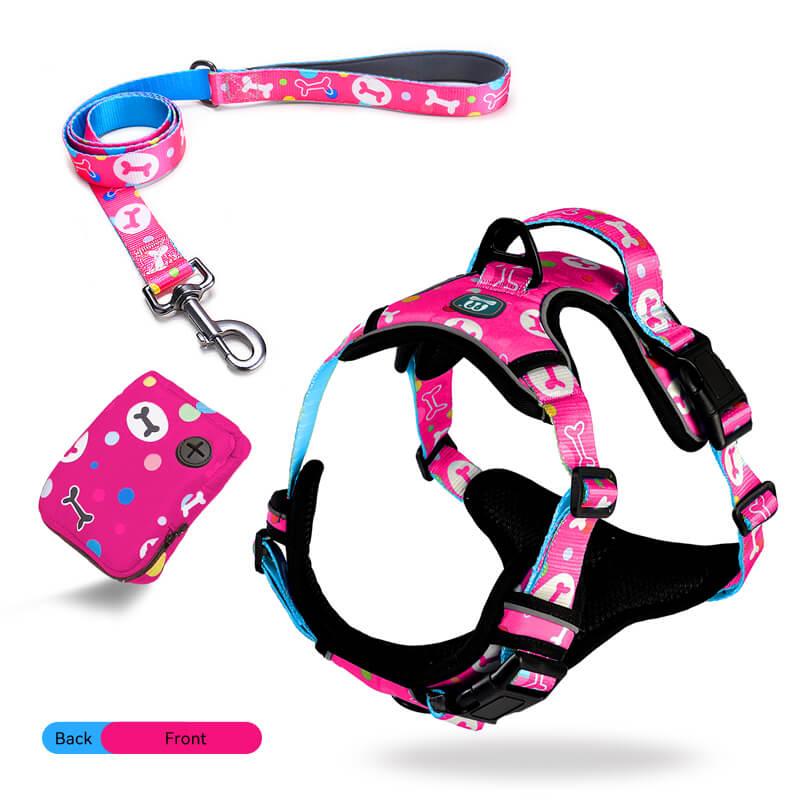 Bone pattern Hooded Dog Harness and Leash with Poop Bag Holder 3pcs