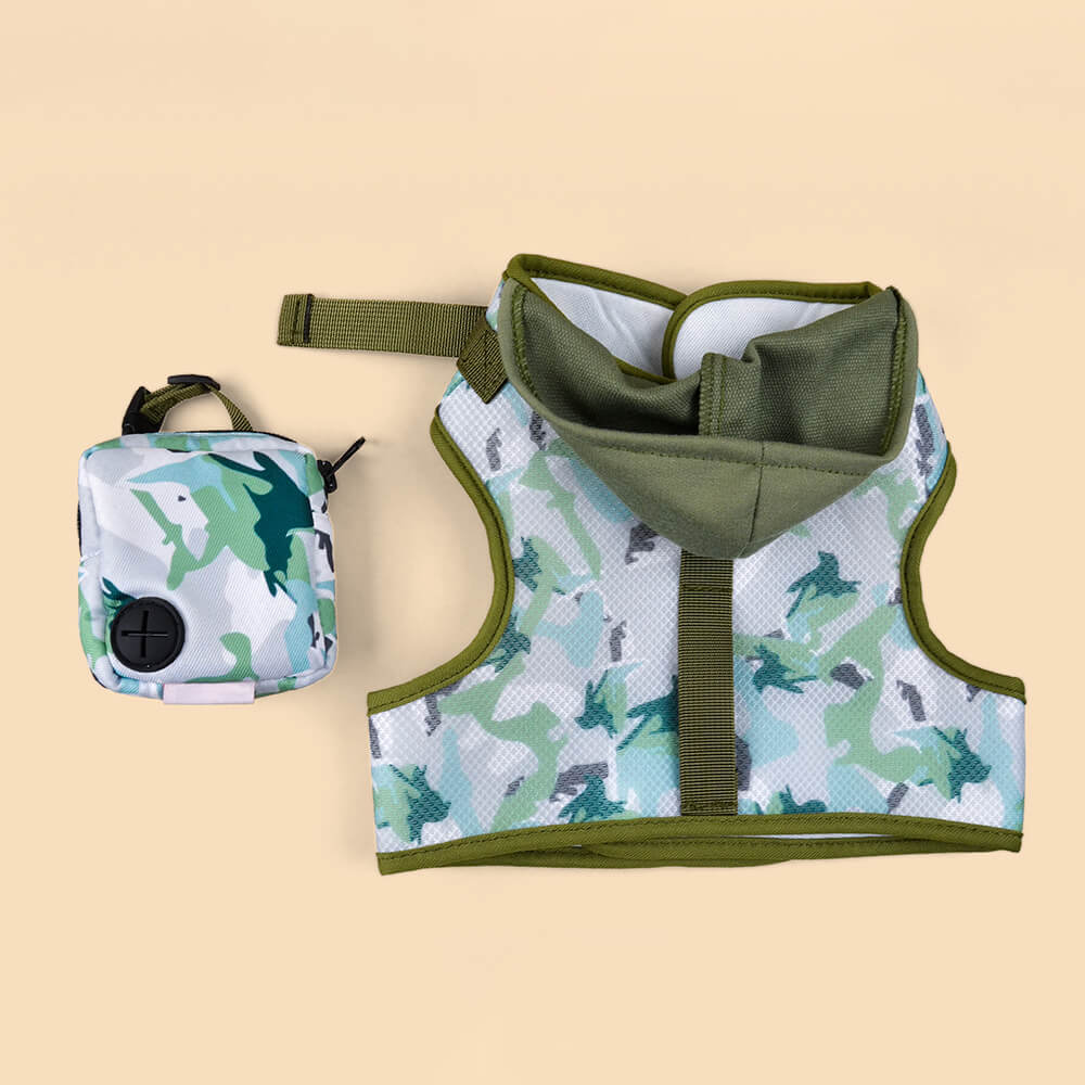 Hooded Dog Harness with Poop Bag Holder Green