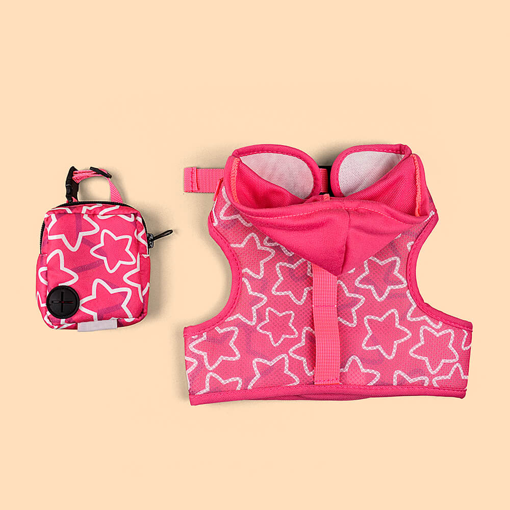 Dog Hooded Harness with Poop Bag Holder Pink
