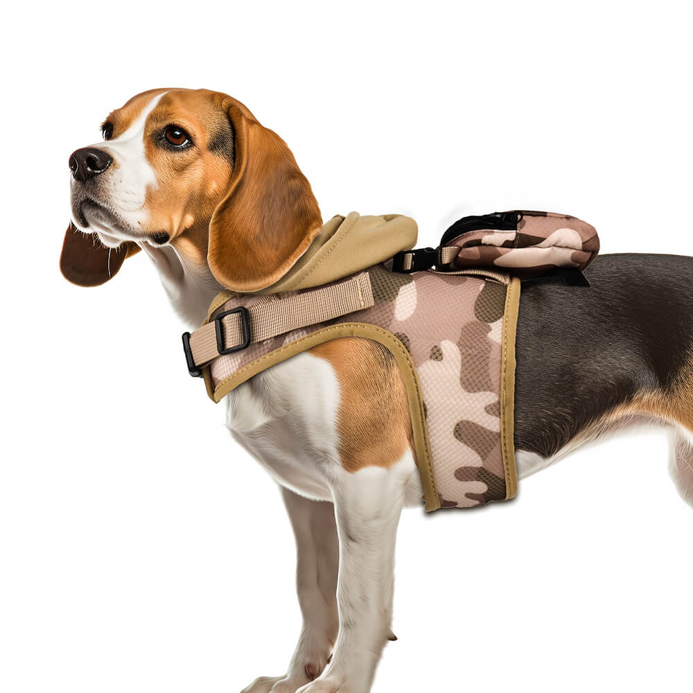Dog Hooded Harness with Poop Bag Holder Coffee