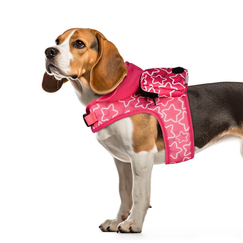 Dog Hooded Harness with Poop Bag Holder Pink