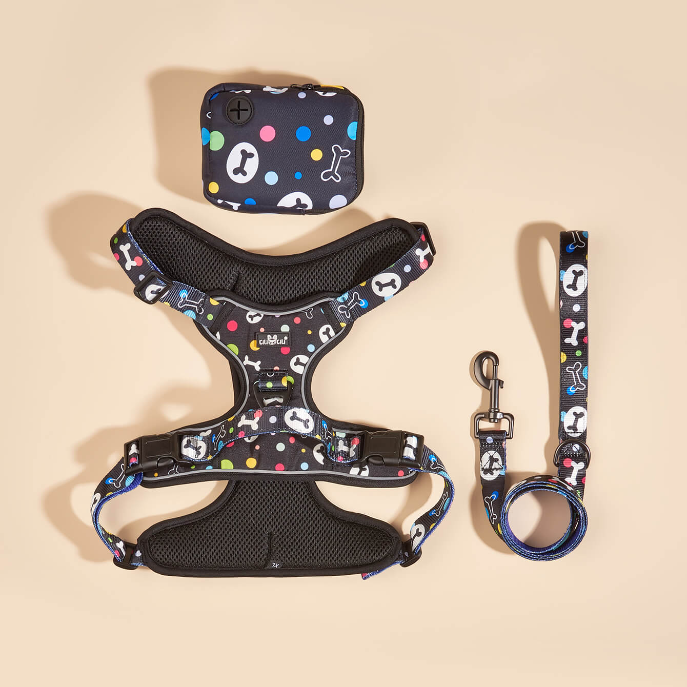 Bone pattern Hooded Dog Harness and Leash with Poop Bag Holder 3pcs