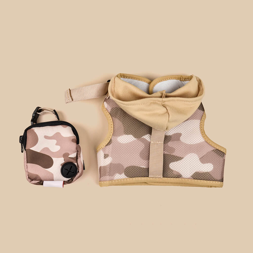 Dog Hooded Harness with Poop Bag Holder Coffee
