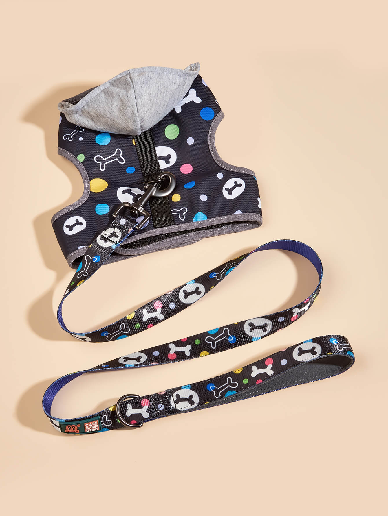 Bone pattern Hooded Dog Harness with Leash