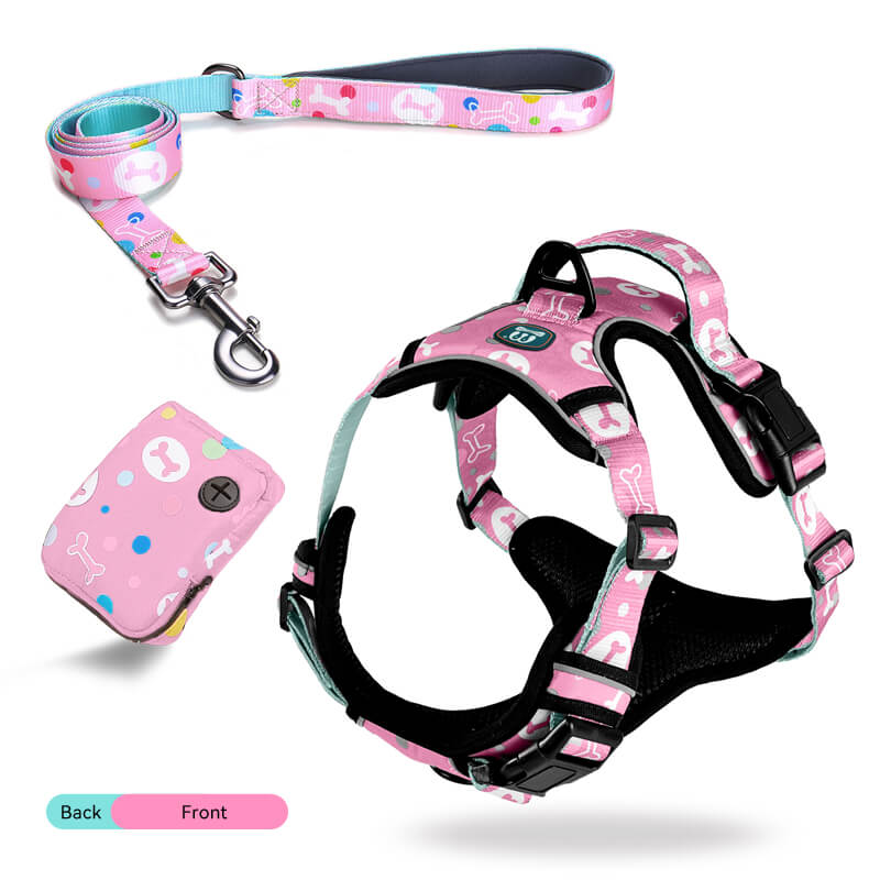 Bone pattern Hooded Dog Harness and Leash with Poop Bag Holder 3pcs