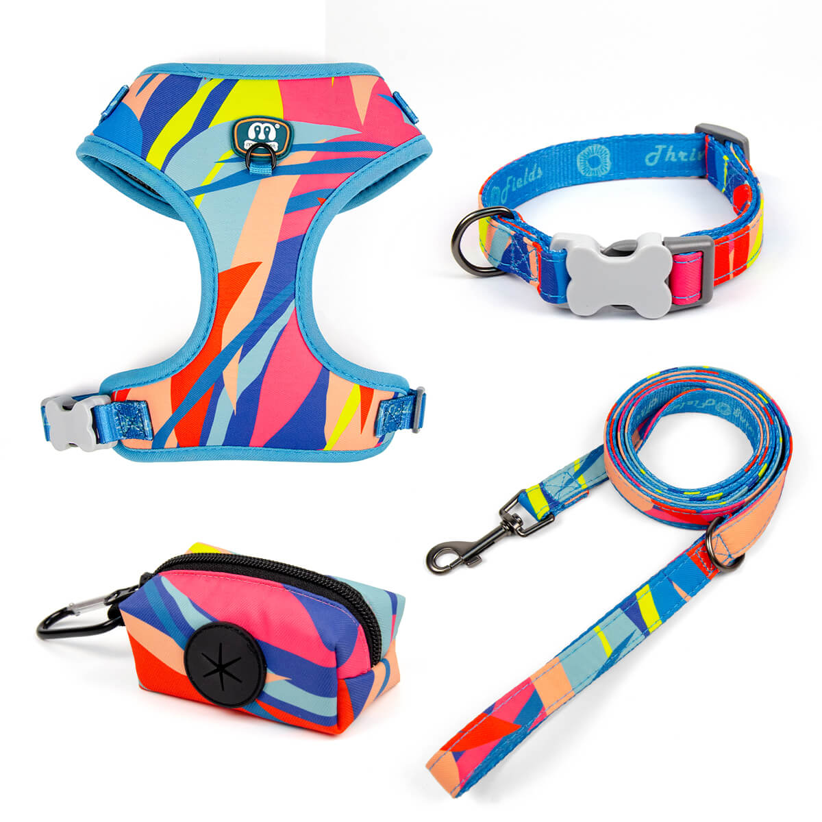 Dog Collar Harness Leash and Poop Bag Holder Walking Set