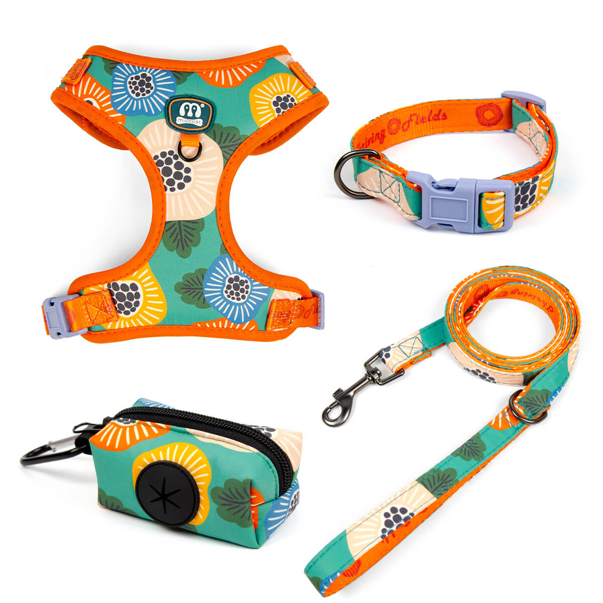 Dog Collar Harness Leash and Poop Bag Holder Walking Set
