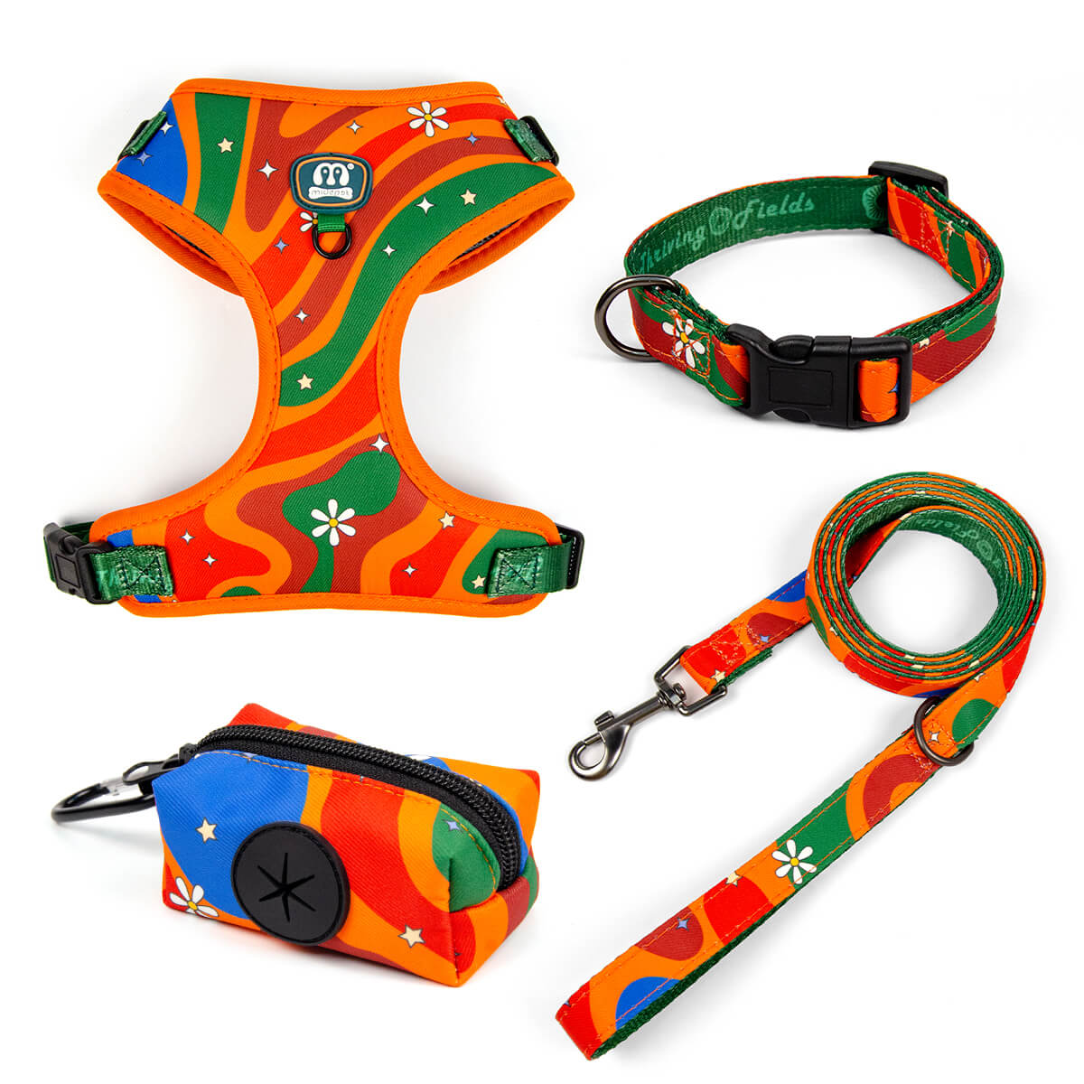 Dog Collar Harness Leash and Poop Bag Holder Walking Set