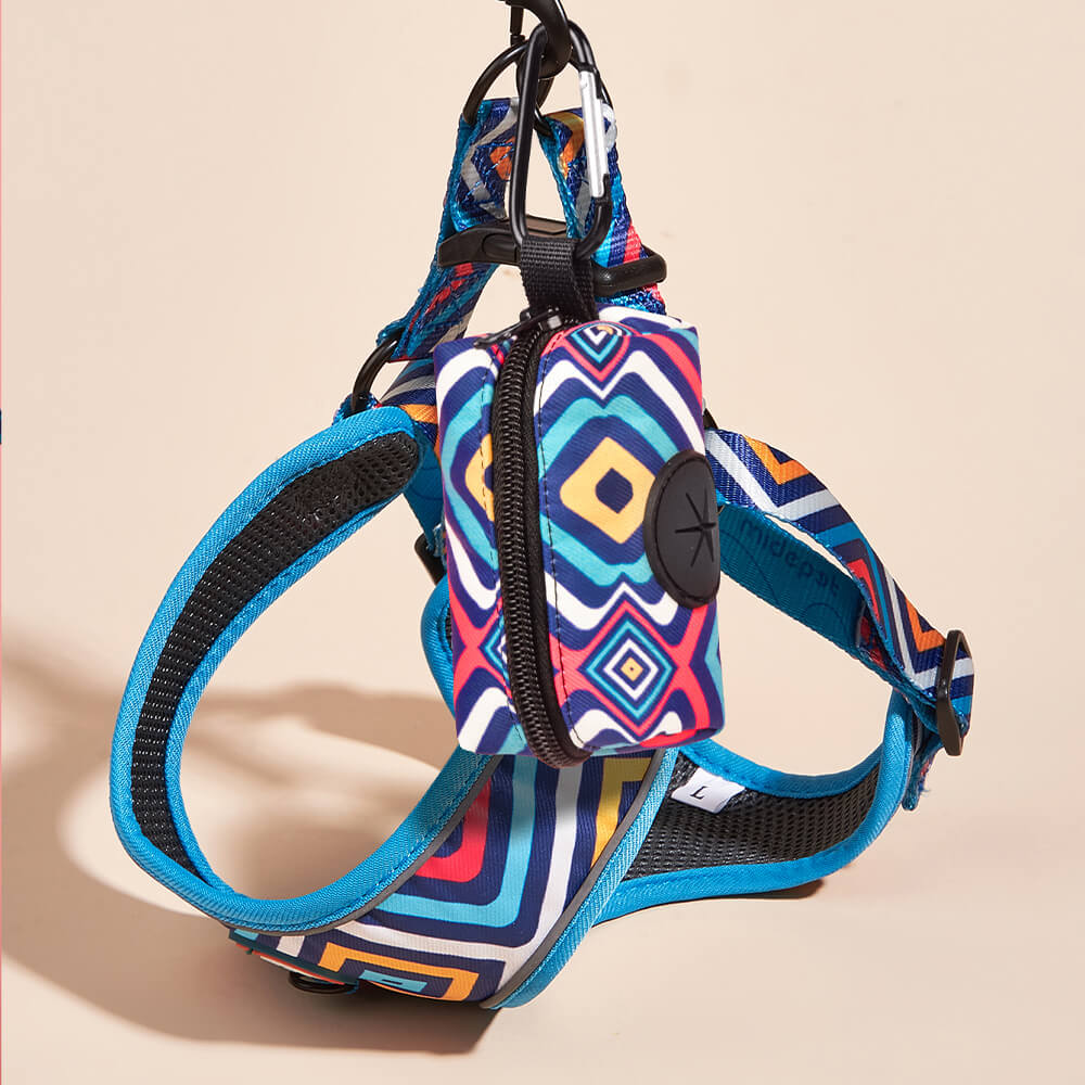 Cute Geometric Pattern Dog Harness and Leash Poop Bag Holder Set