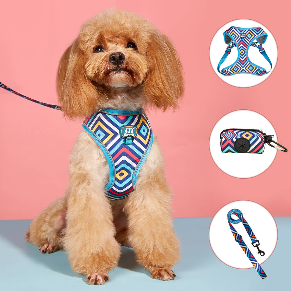 Cute Geometric Pattern Dog Harness and Leash Poop Bag Holder Set
