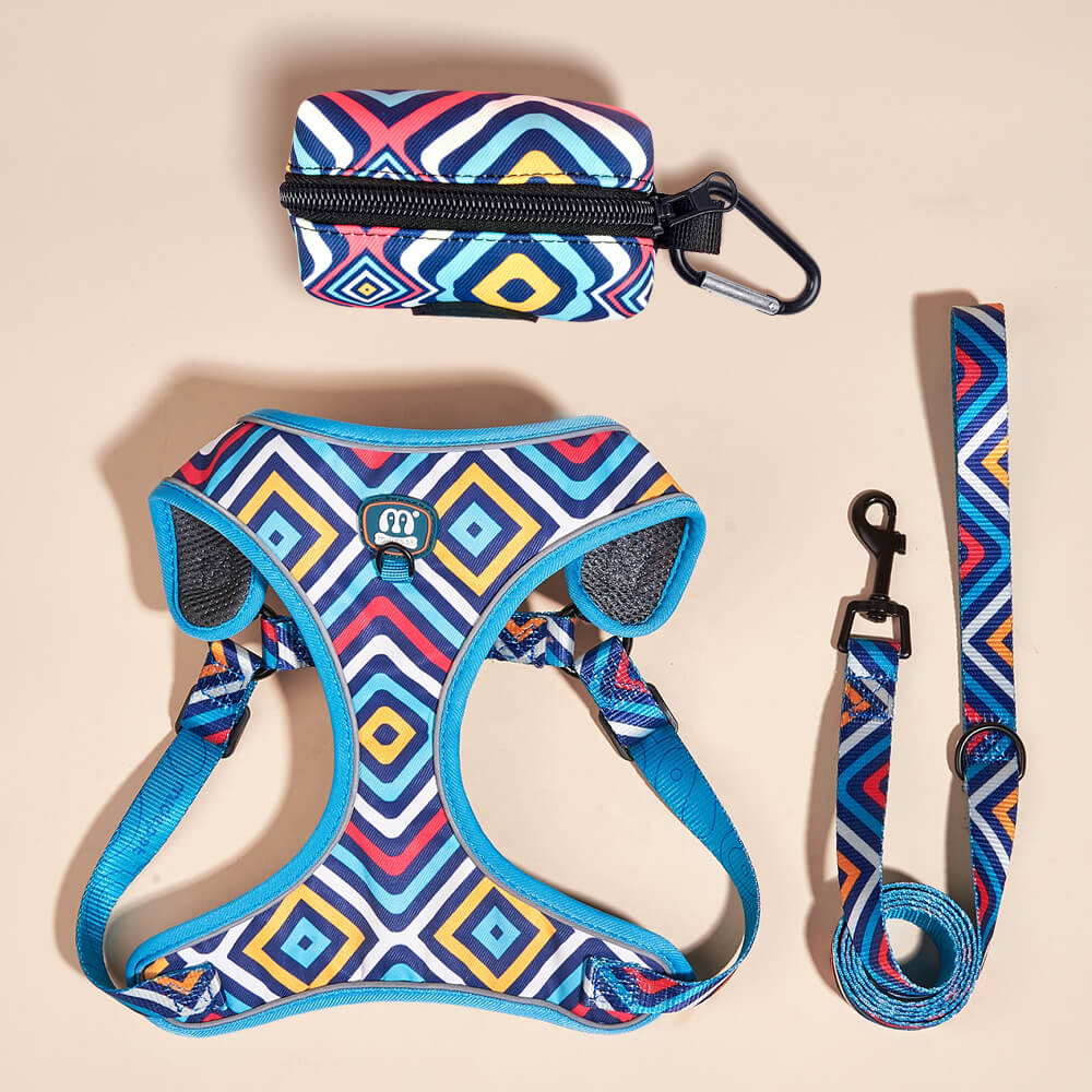 Cute Geometric Pattern Dog Harness and Leash Poop Bag Holder Set