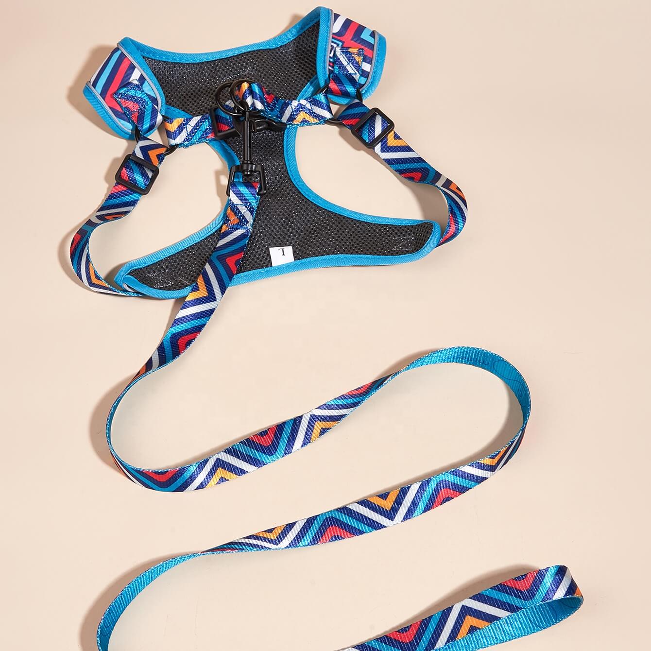 Cute Geometric Pattern Dog Harness and Leash Poop Bag Holder Set