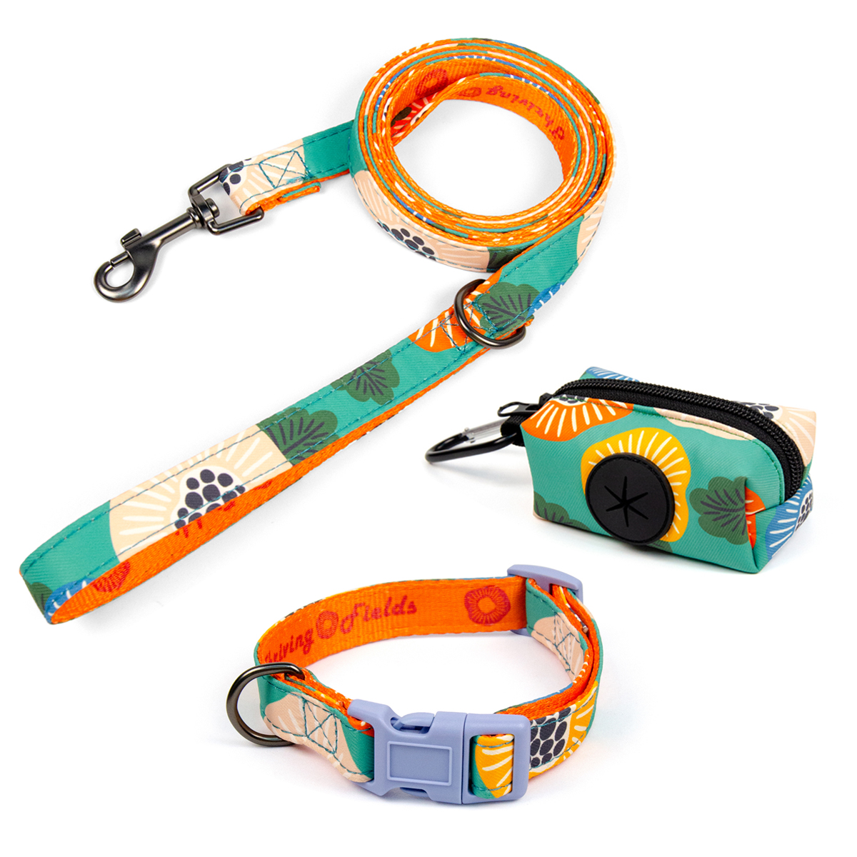 Fashion Print Luxury  Dog Collar And Leashes Set With Poop Bag Holder