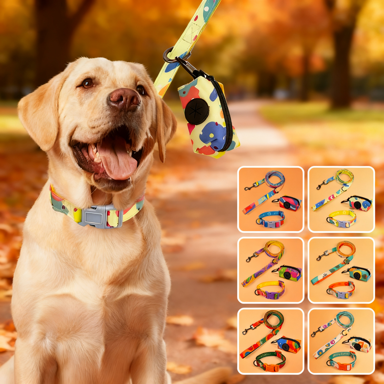 Fashion Print Luxury  Dog Collar And Leashes Set With Poop Bag Holder