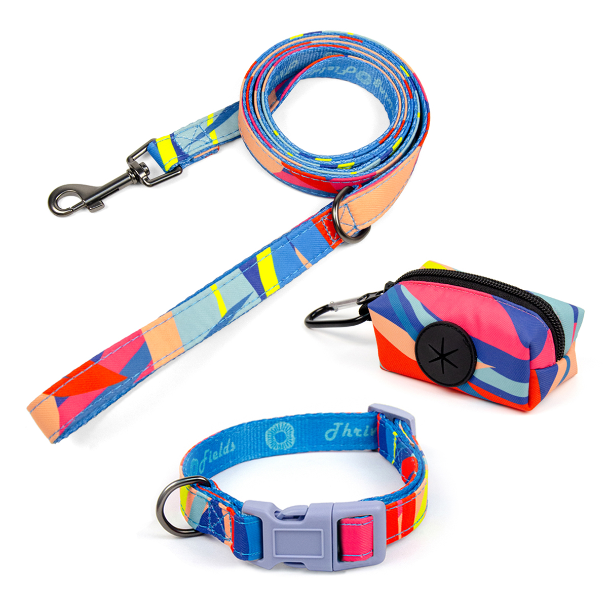 Fashion Print Luxury  Dog Collar And Leashes Set With Poop Bag Holder