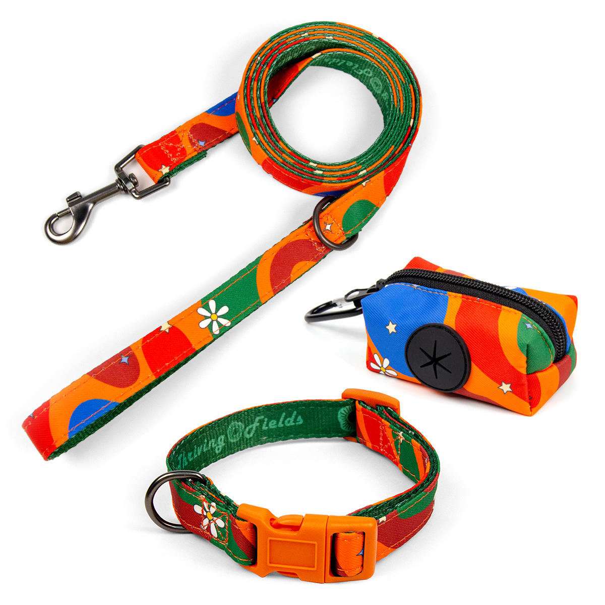 Fashion Print Luxury  Dog Collar And Leashes Set With Poop Bag Holder