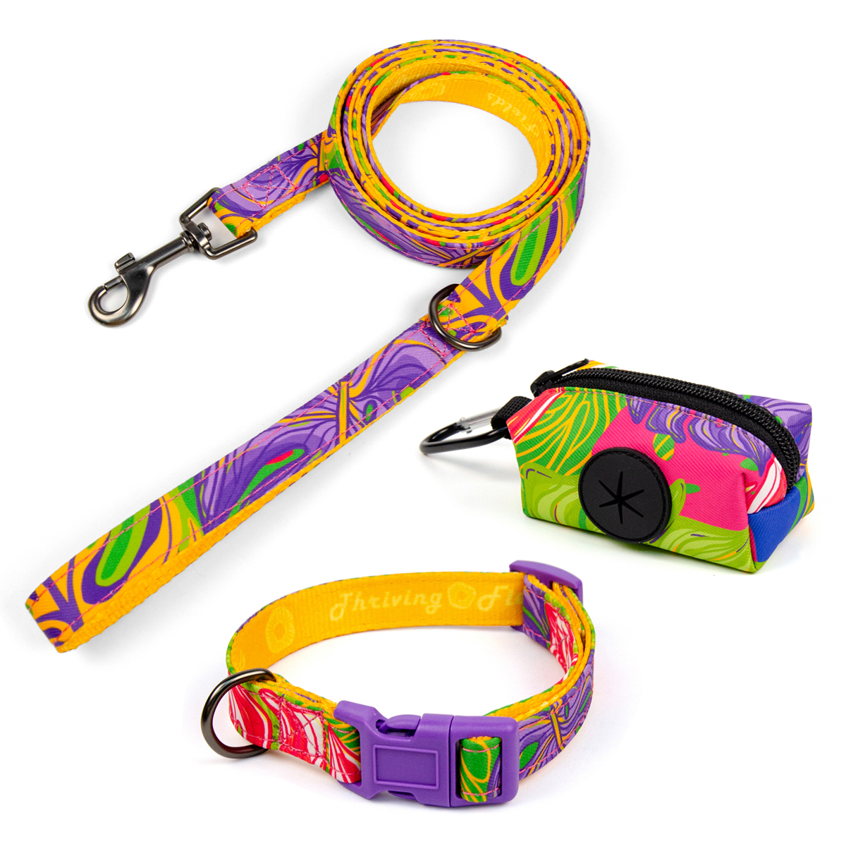 Fashion Print Luxury  Dog Collar And Leashes Set With Poop Bag Holder