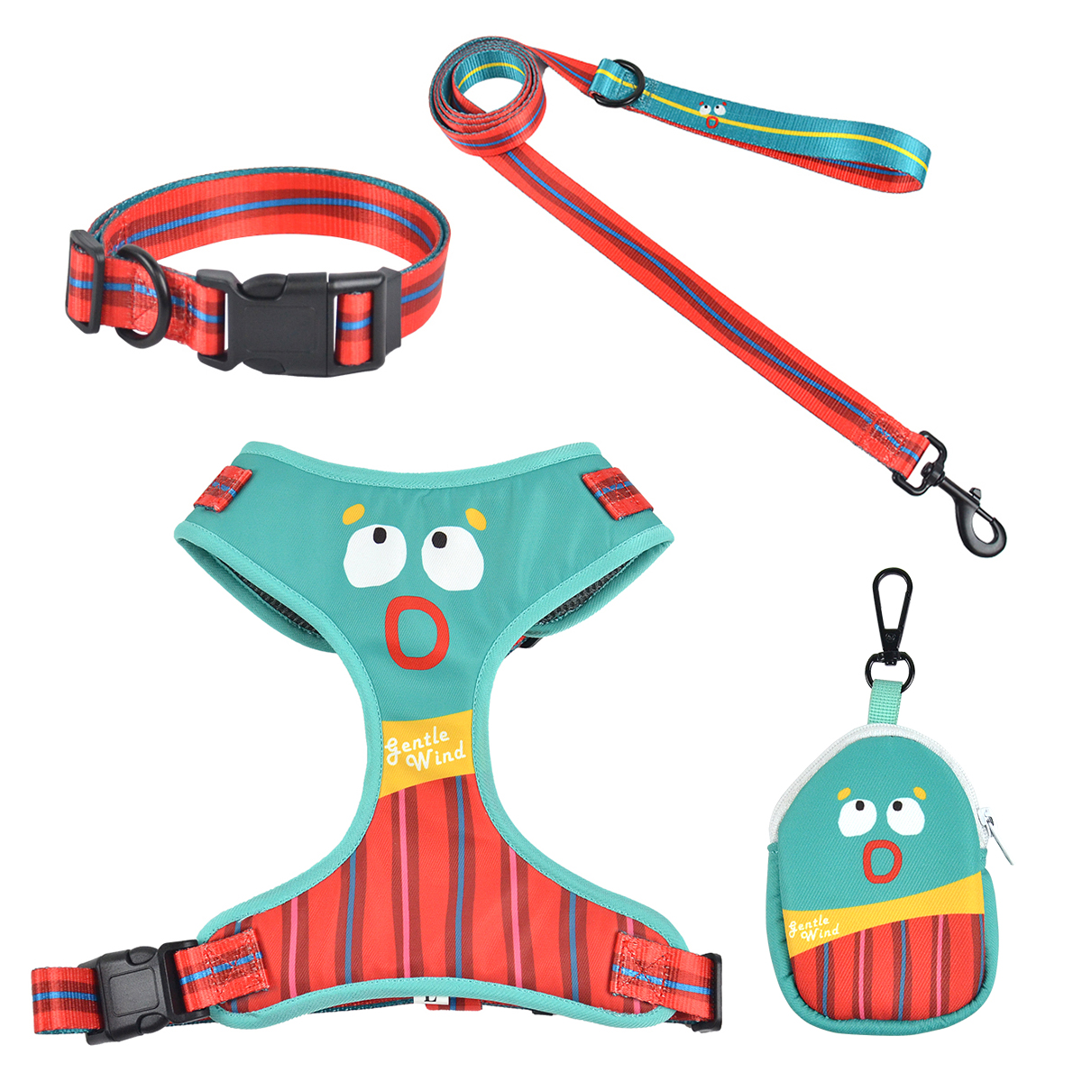 Pet Travel 4-Piece Set | Cute Expression Harness, Leash, Collar & Waste Bag Holder | Wholesale