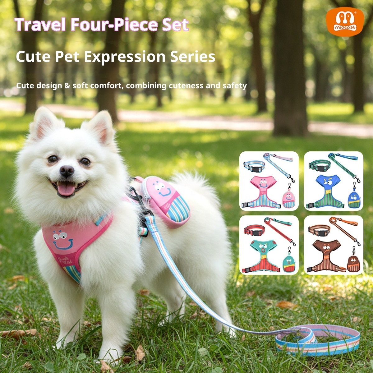 Pet Travel 4-Piece Set | Cute Expression Harness, Leash, Collar & Waste Bag Holder | Wholesale