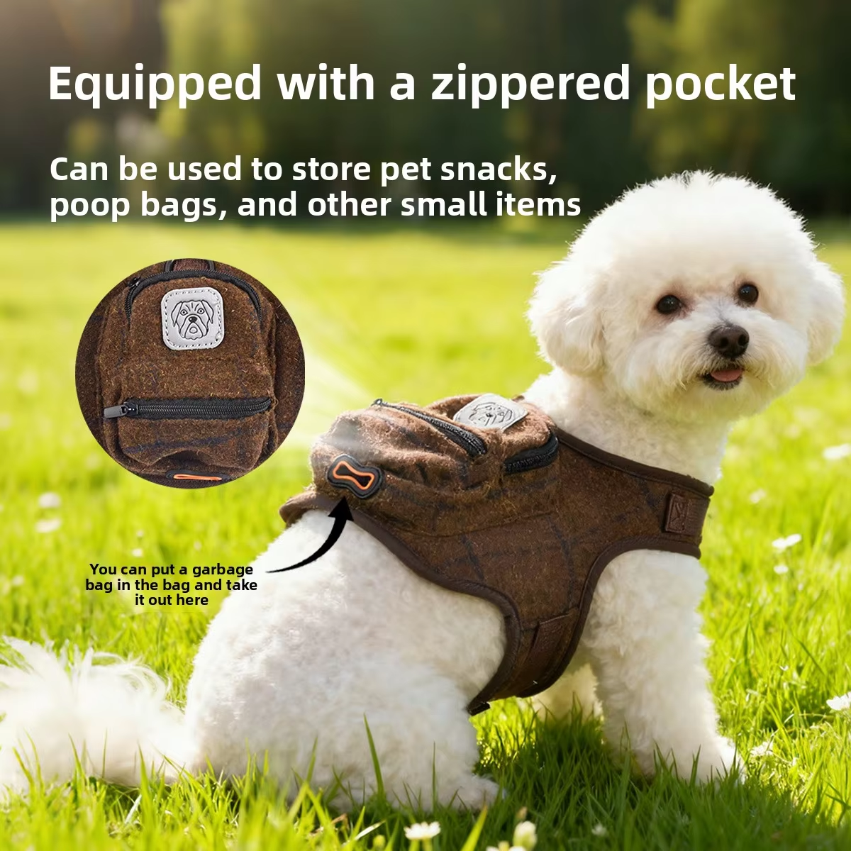 Tweed Pet Harness with Bag British Style Vintage Dog Vest Functional Fashion