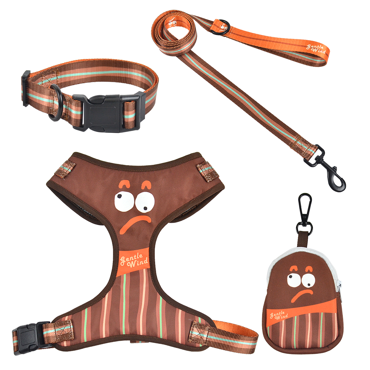 Pet Travel 4-Piece Set | Cute Expression Harness, Leash, Collar & Waste Bag Holder | Wholesale