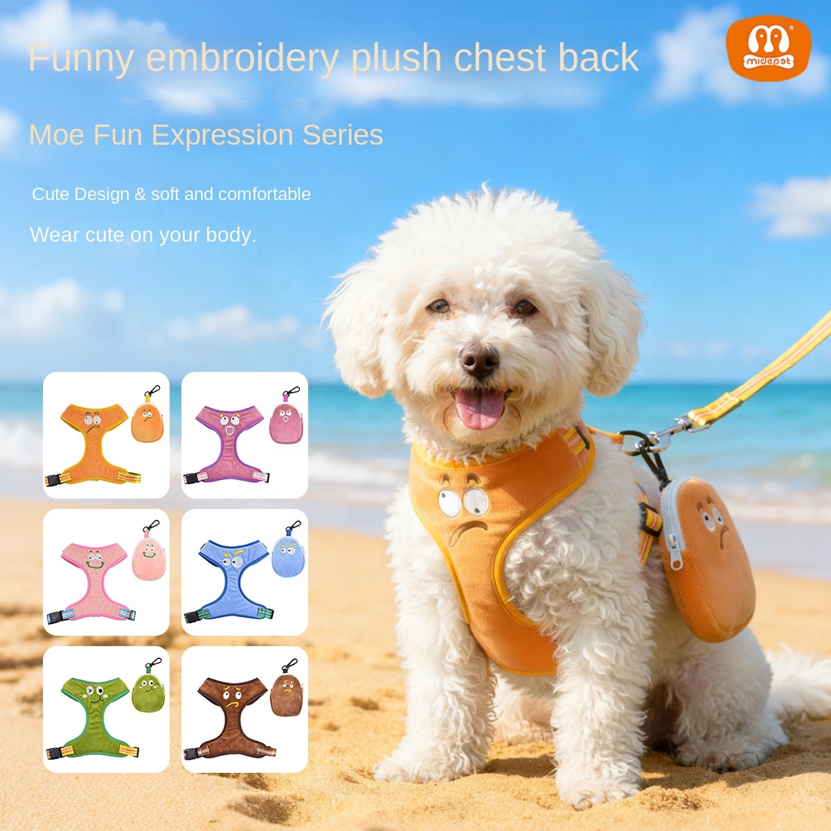 Cute Embroidered Plush Dog Harness | Crystal Soft Fabric | Cartoon Expression Design