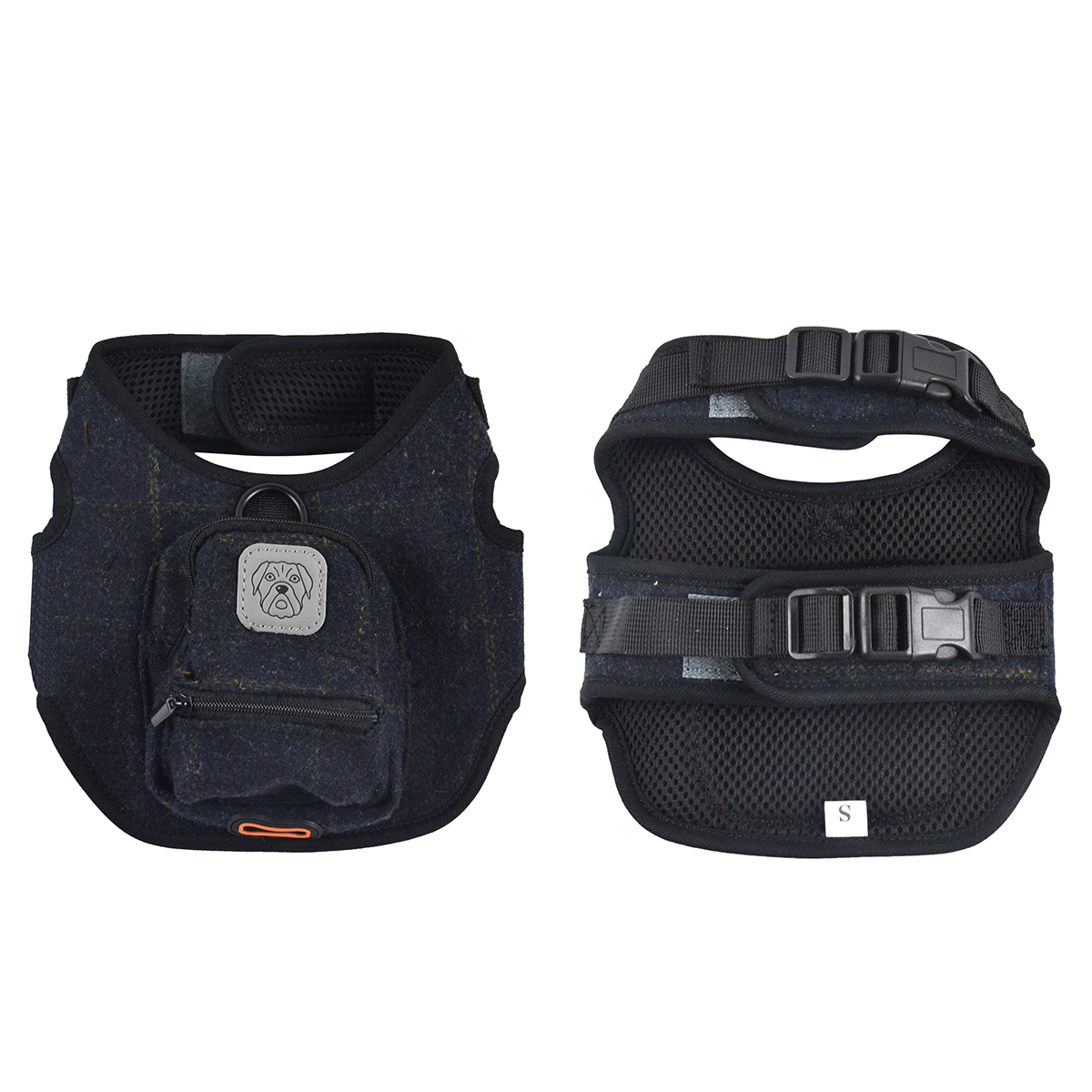Tweed Pet Harness with Bag British Style Vintage Dog Vest Functional Fashion