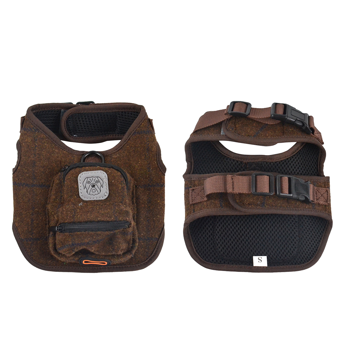 Tweed Pet Harness with Bag British Style Vintage Dog Vest Functional Fashion