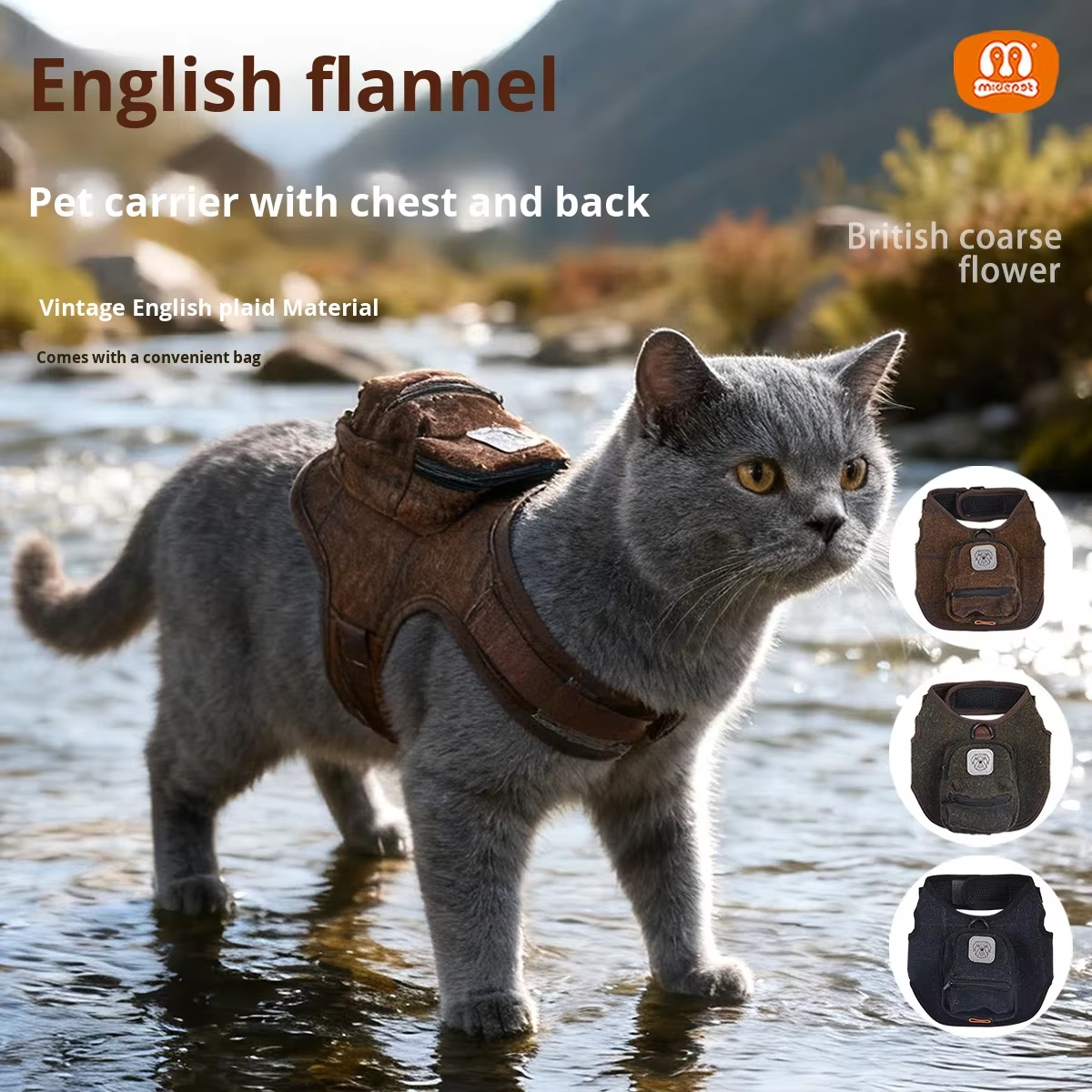 Tweed Pet Harness with Bag British Style Vintage Dog Vest Functional Fashion