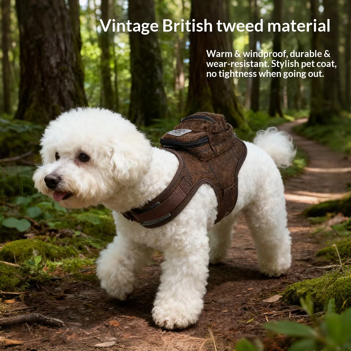 Tweed Pet Harness with Bag British Style Vintage Dog Vest Functional Fashion