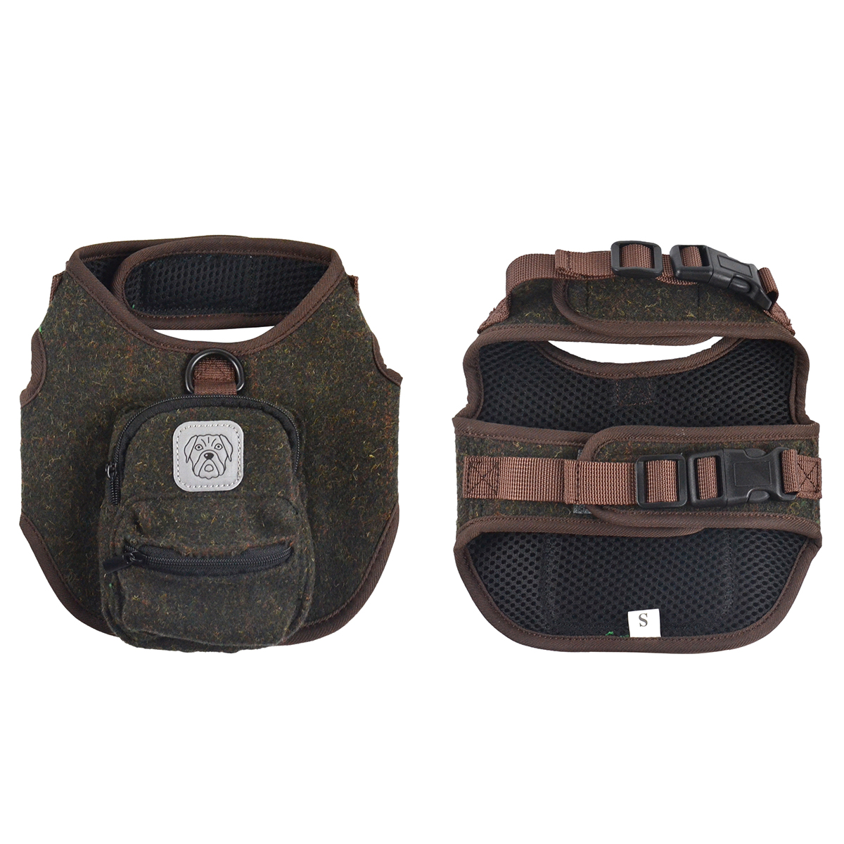 Tweed Pet Harness with Bag British Style Vintage Dog Vest Functional Fashion