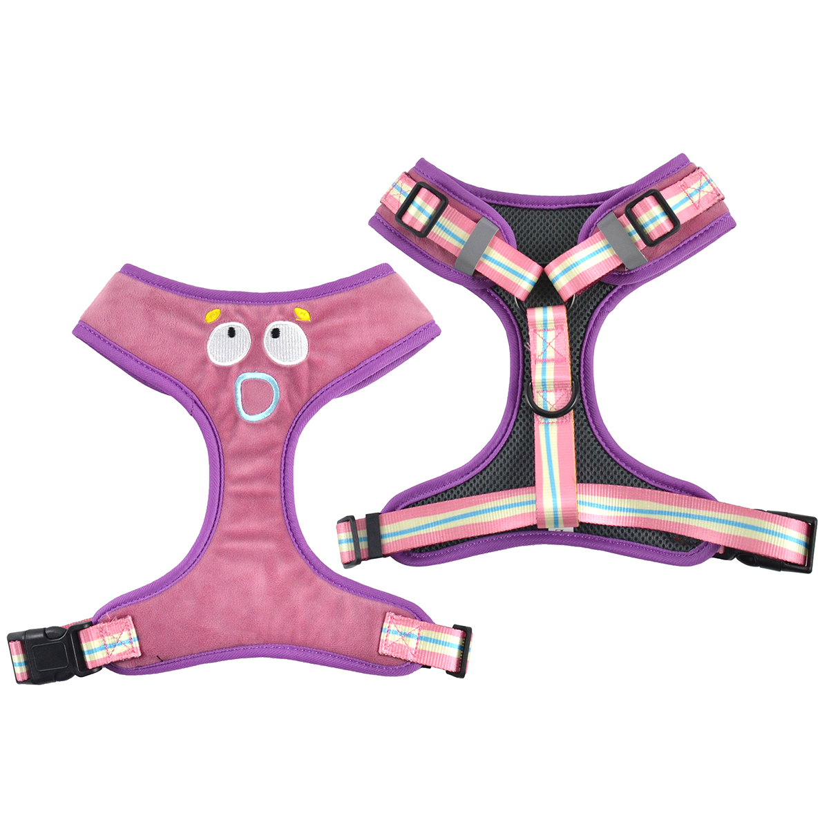 Cute Embroidered Plush Dog Harness | Crystal Soft Fabric | Cartoon Expression Design