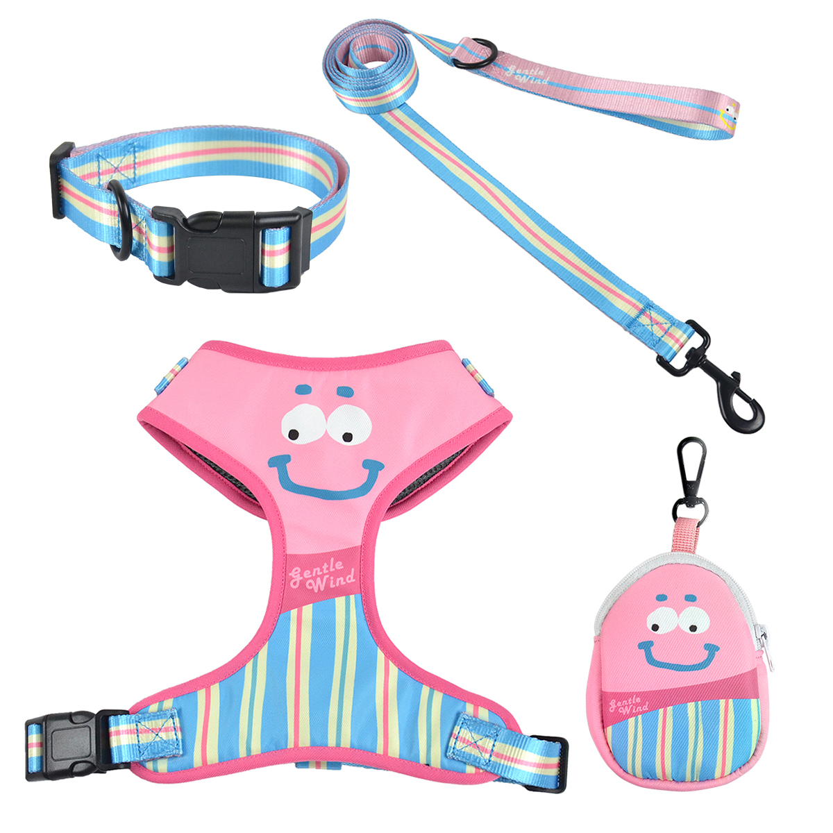 Pet Travel 4-Piece Set | Cute Expression Harness, Leash, Collar & Waste Bag Holder | Wholesale