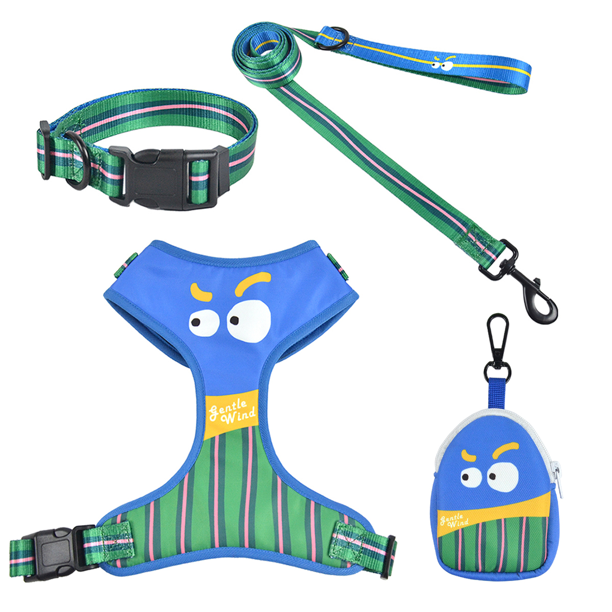Pet Travel 4-Piece Set | Cute Expression Harness, Leash, Collar & Waste Bag Holder | Wholesale
