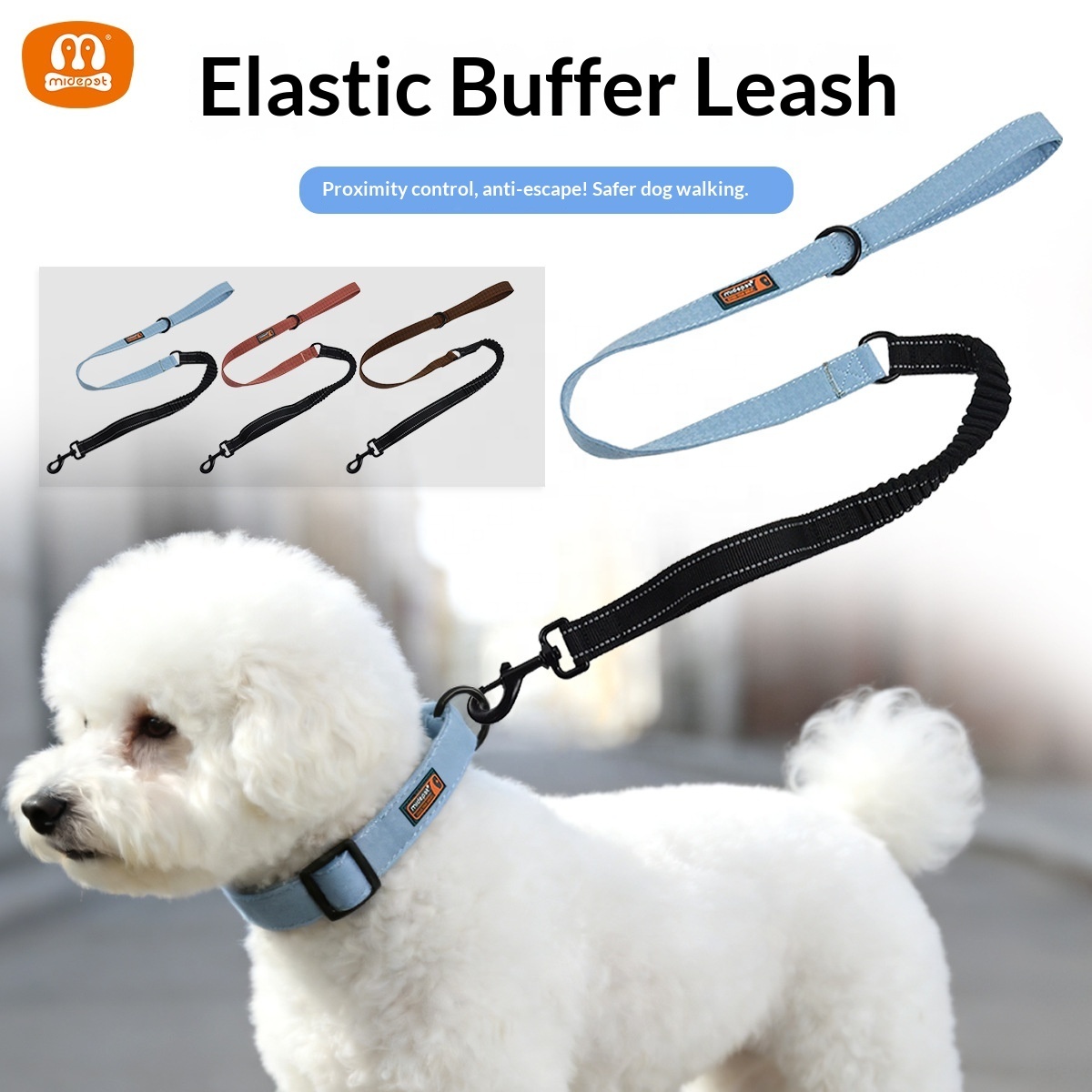 Elastic Dog Leash with Traffic Handle & Houndstooth Webbing | Anti-Pull Retractable Leash