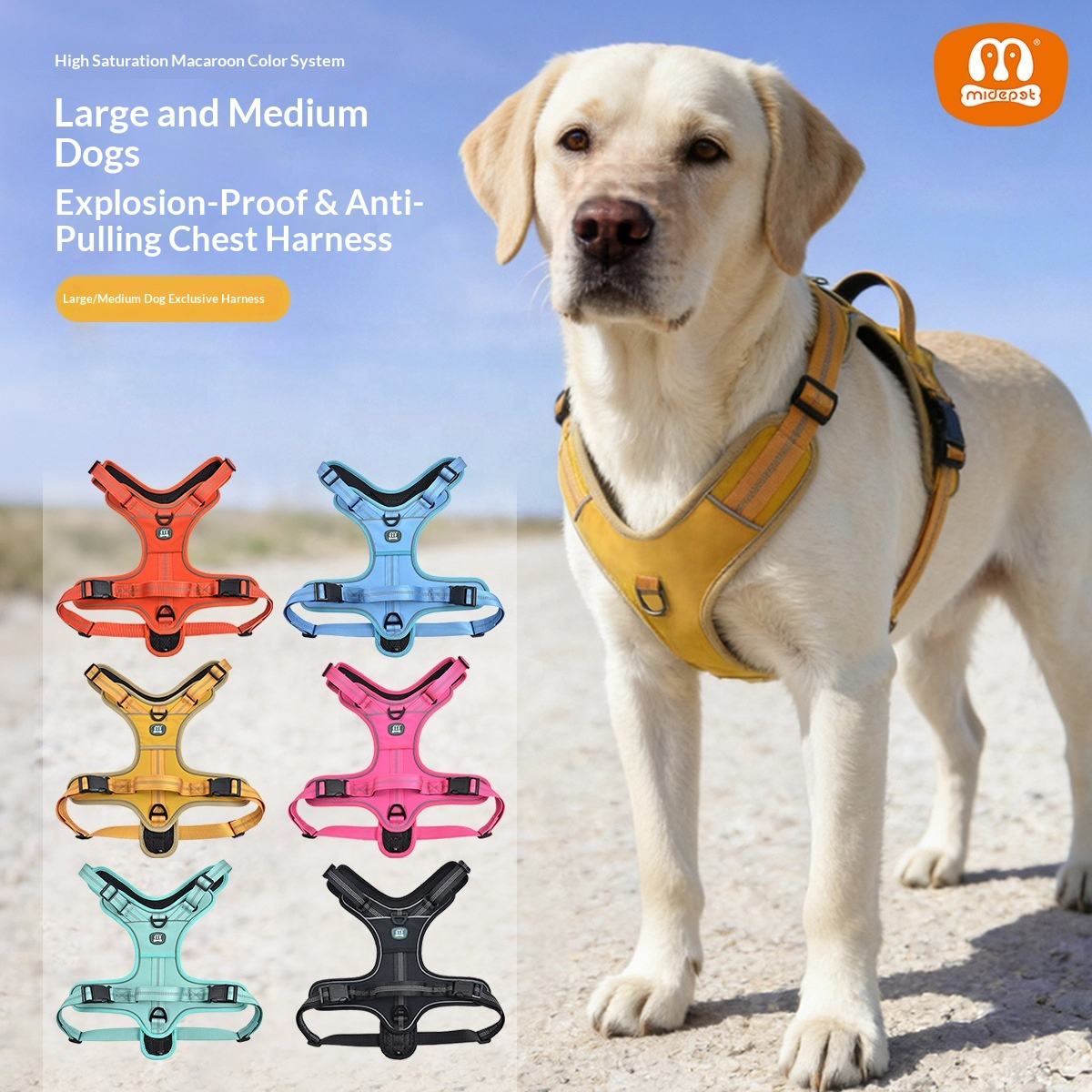 High Saturation Macaron Color Dog Harness for Medium Large Breeds | Anti-Pull & Reflective