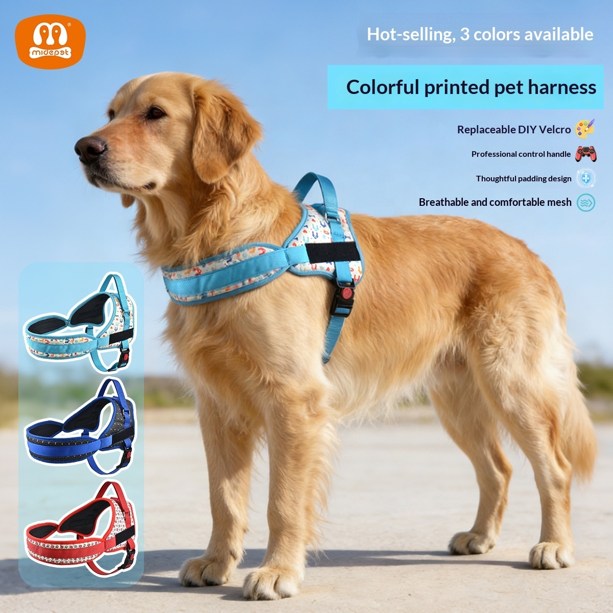 Multi-Print Dog Harness with Anti-Pull Handle & DIY Patch | 3 Colors | Neck Padding & Breathable Mesh