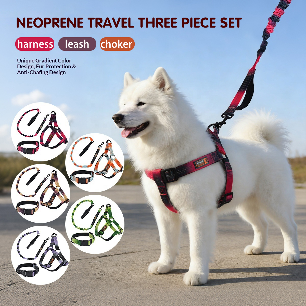 Neoprene Pet Travel Set (Harness, Leash, Collar) | Gradient Color & Anti-Pull Design