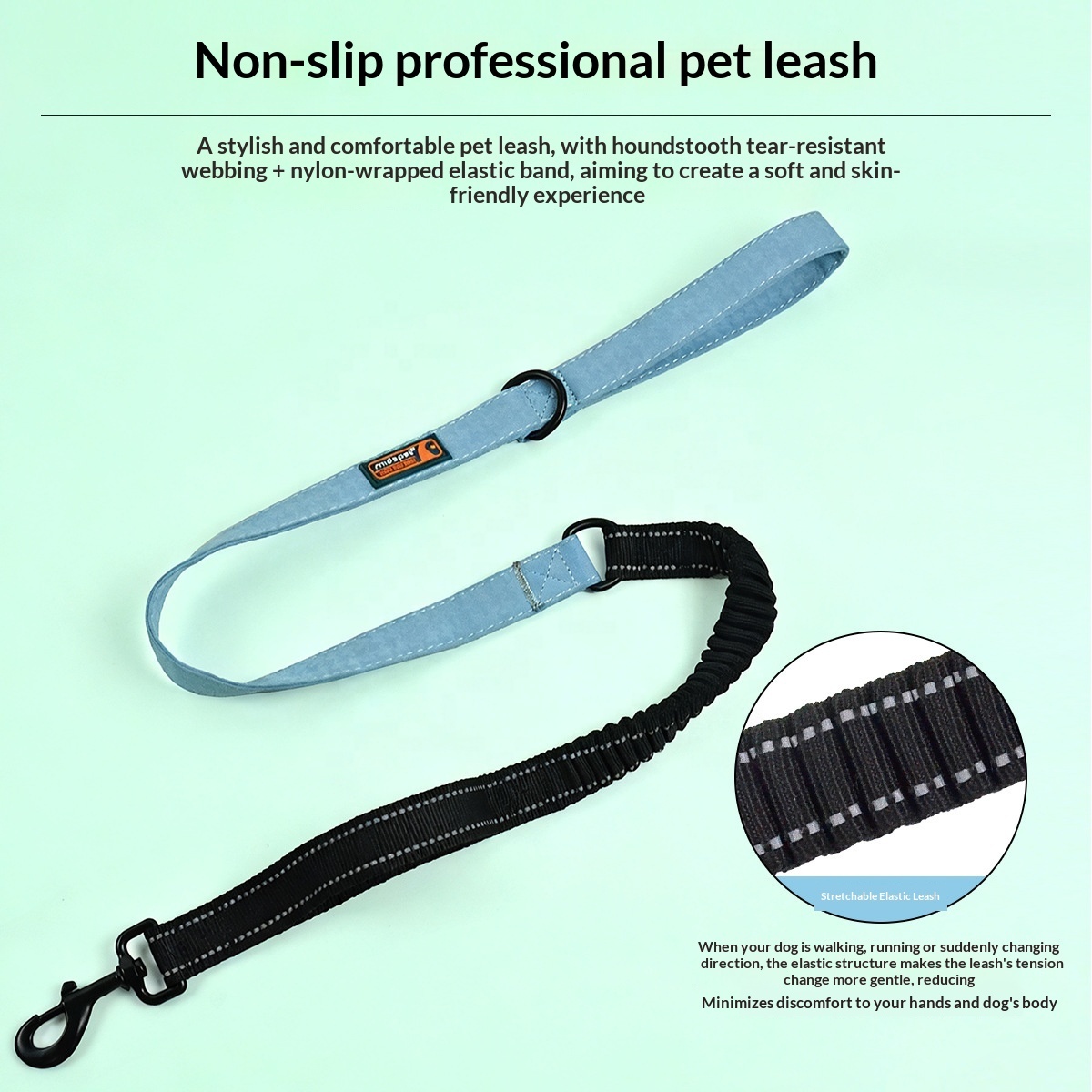 Elastic Dog Leash with Traffic Handle & Houndstooth Webbing | Anti-Pull Retractable Leash