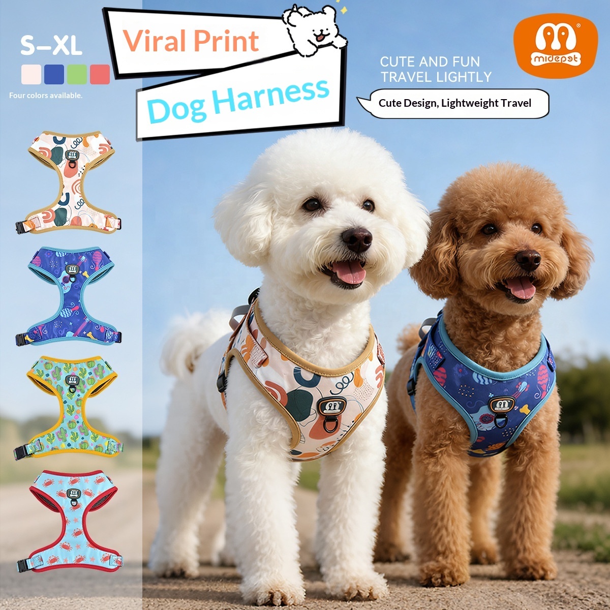 Print Dog Harness with Sandwich Lining | 4 Colors & 4 Sizes | Breathable Polyester
