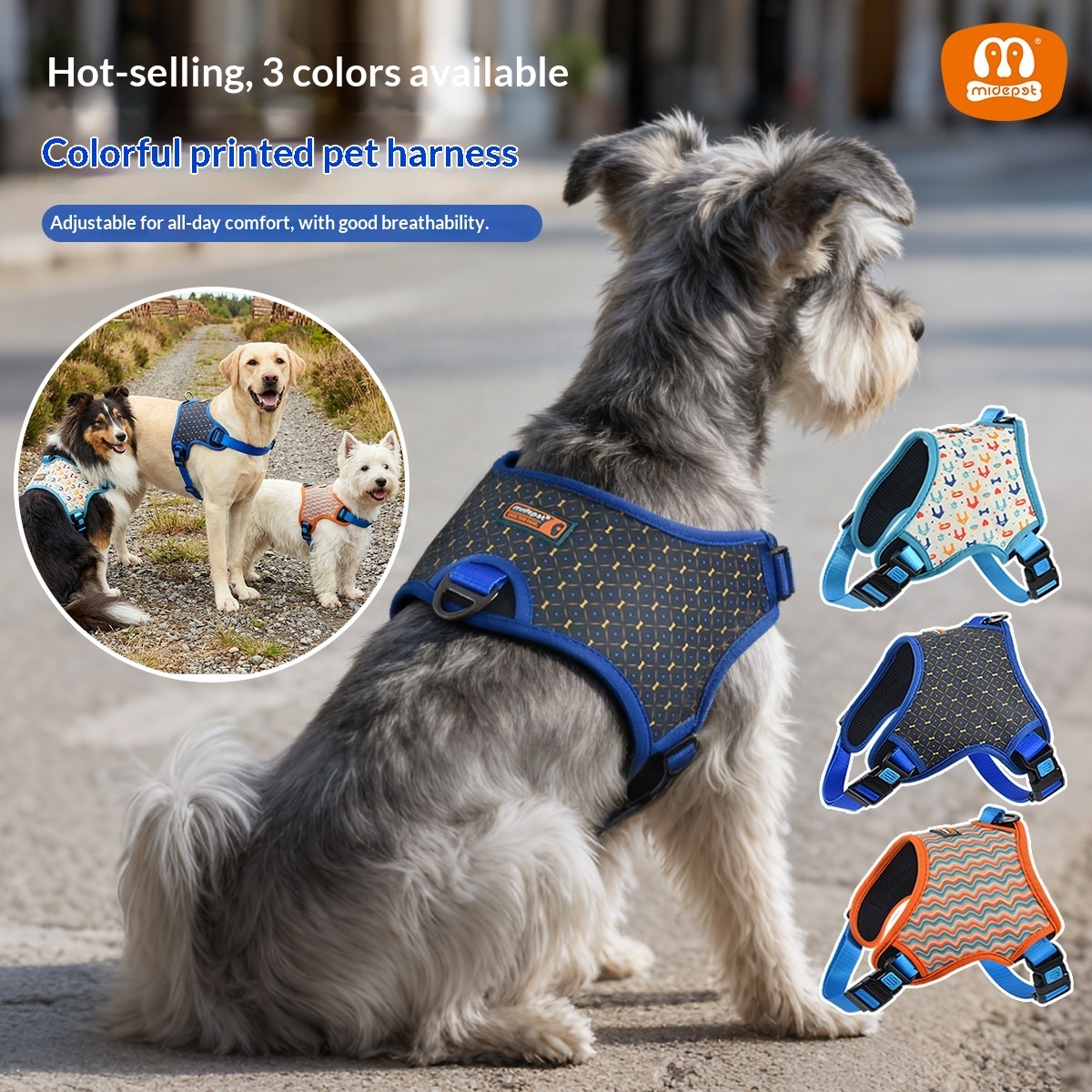 Multi-Print Dog Harness with Full Adjustability | 3 Colors | Breathable Mesh & Polyester Fabric